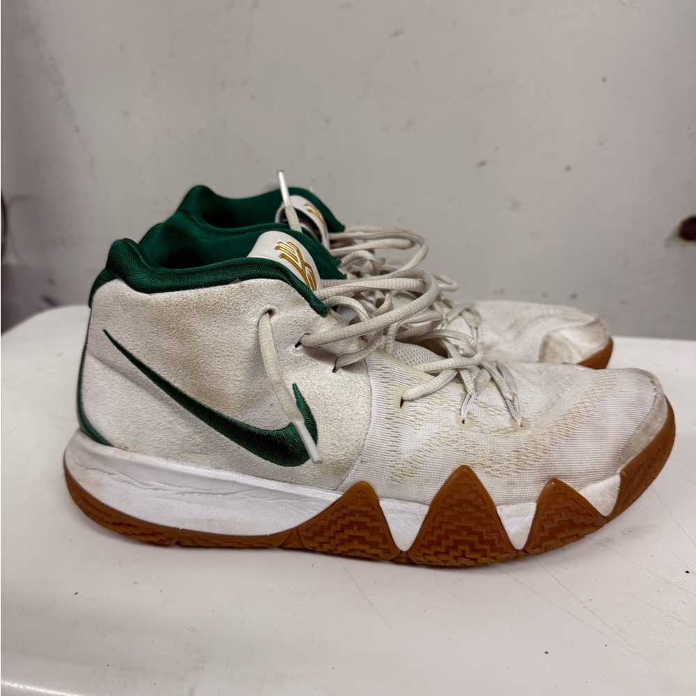 Nike men’s Kyrie White and Green Sneakers with Brown Soles